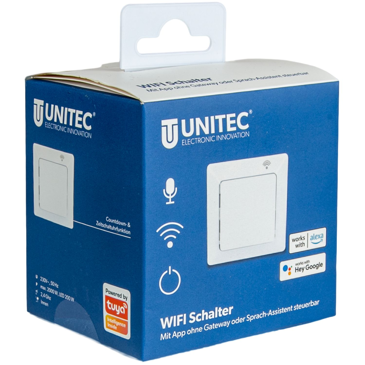 Blaue Produktverpackung eines Unitec WiFi-Schalters mit Bildern des Geräts und Kompatibilitätslogos.
