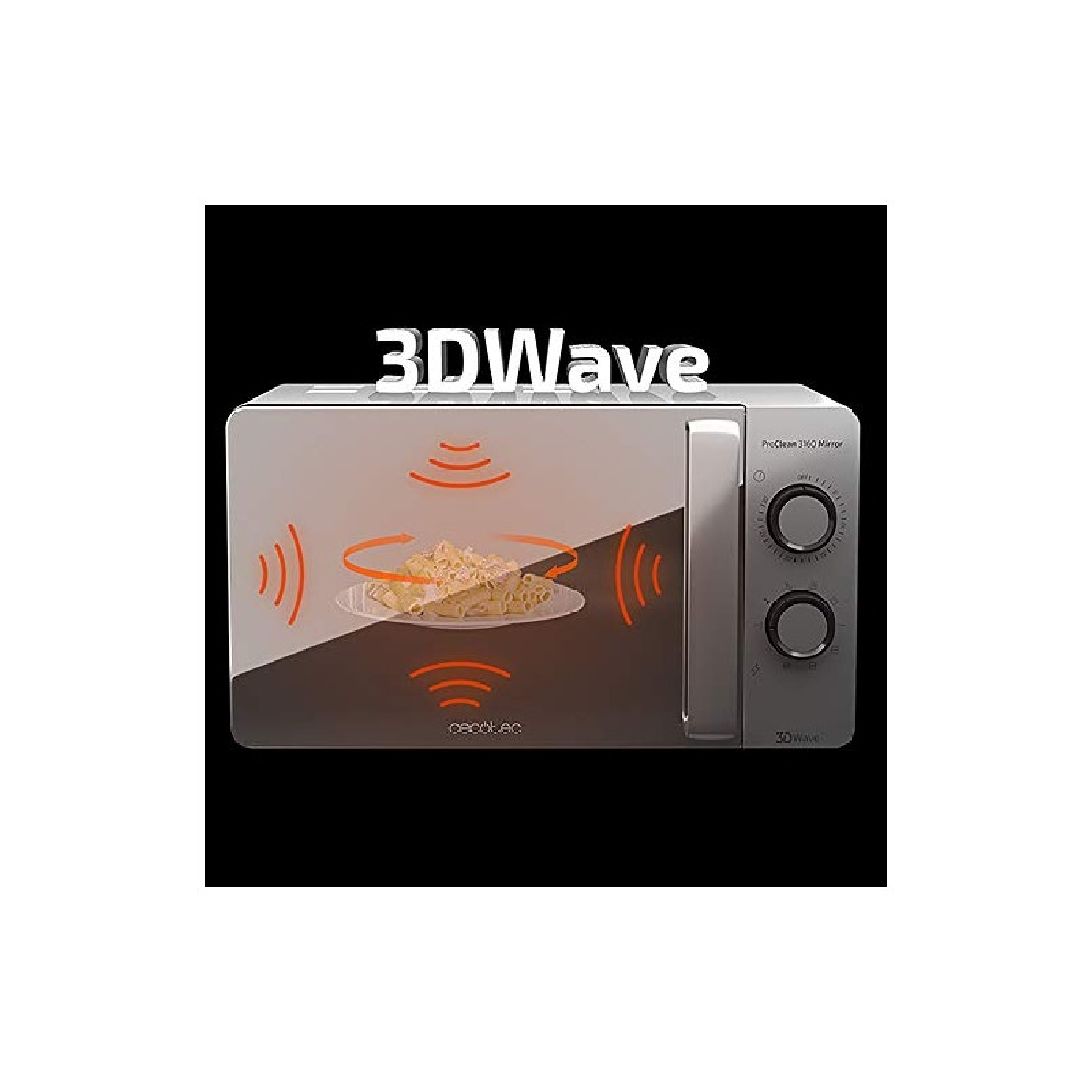 Eine silberne Mikrowelle mit 3DWave-Technologie und rotierenden Wärmewellen um einen Teller Pasta.