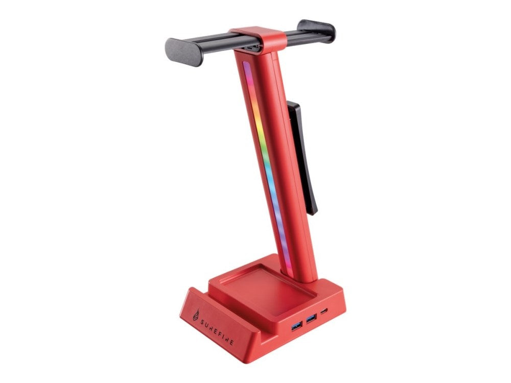 Un supporto per cuffie da gioco rosso con illuminazione RGB e porte USB su sfondo bianco.