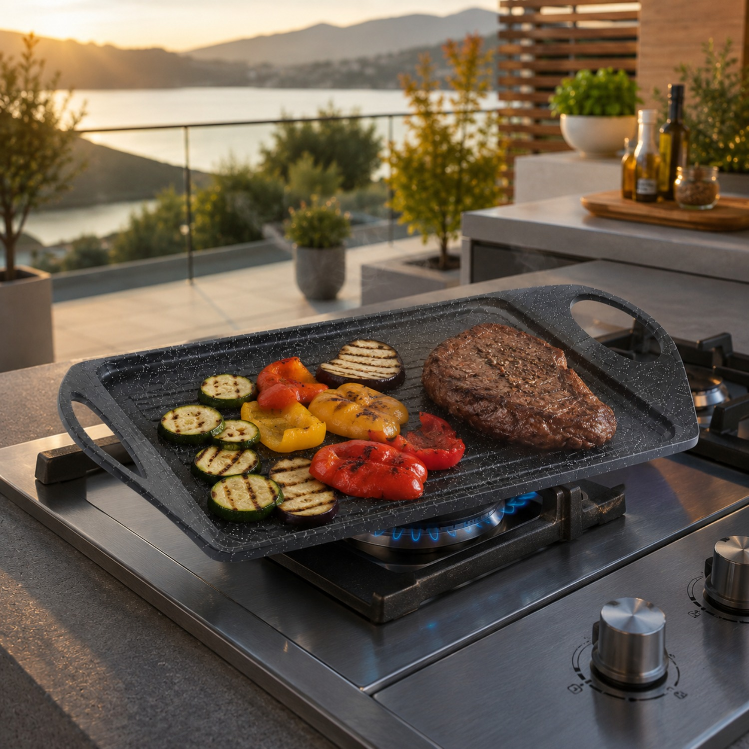 Una bistecca e verdure colorate cuociono su una piastra su un piano cottura a gas, con una baia sullo sfondo.
