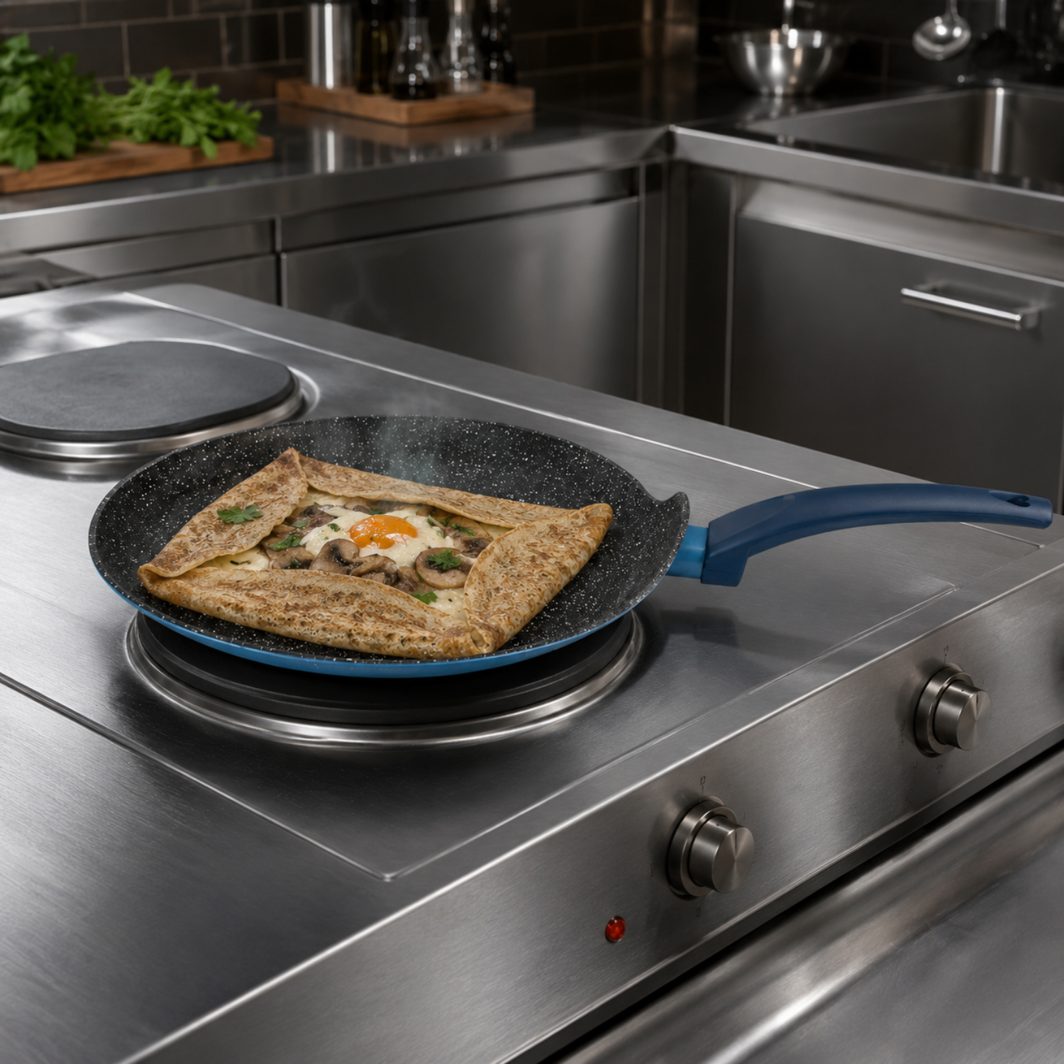 Una crepe con funghi e uovo in una padella su un piano cottura in acciaio inox.