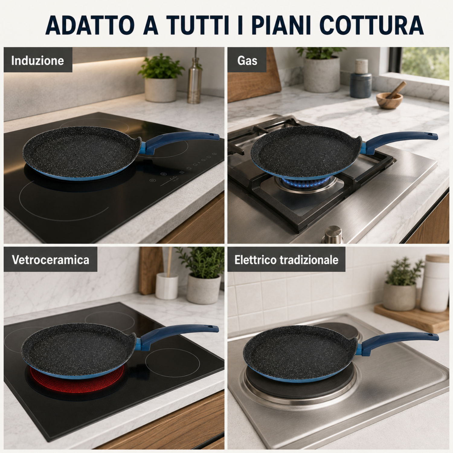 Una padella scura con manico blu su piani cottura a induzione, gas, vetroceramica ed elettrici.