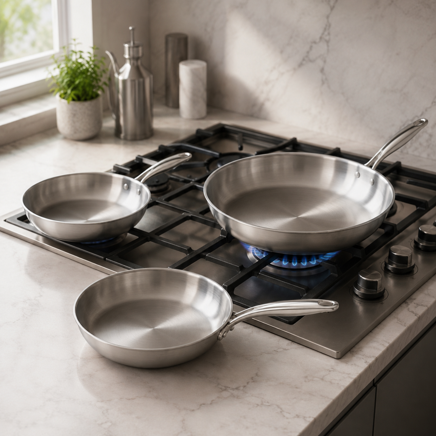 Tre padelle in acciaio inossidabile su un piano cottura a gas in cucina con pianta, oliiera e ripiani in marmo.