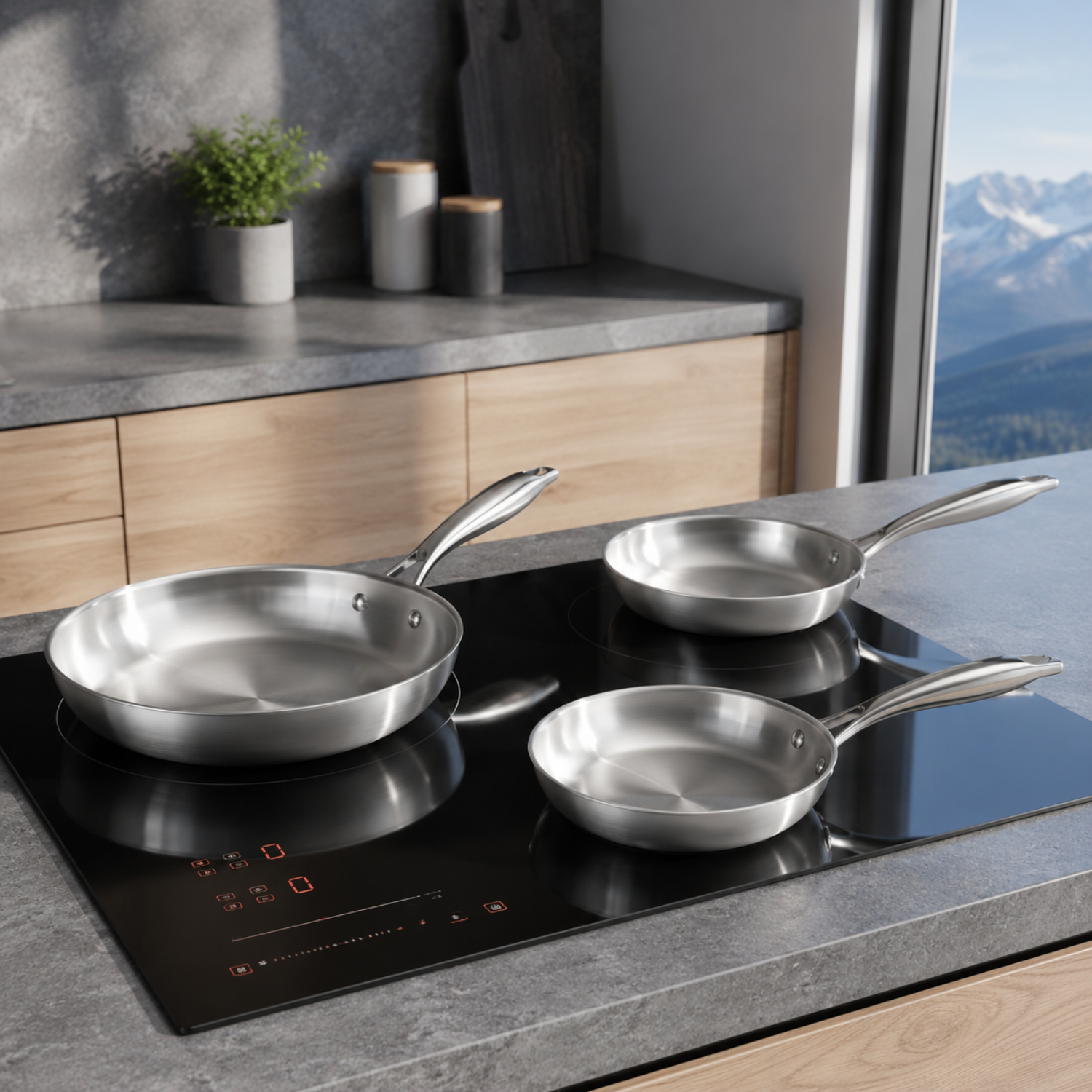 Tre padelle in acciaio inossidabile su un piano cottura a induzione nero in una cucina moderna con vista sulle montagne.