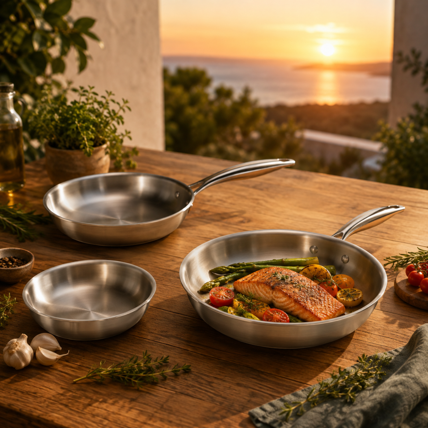 Salmone cotto in una padella su un tavolo di legno con tramonto sul mare.