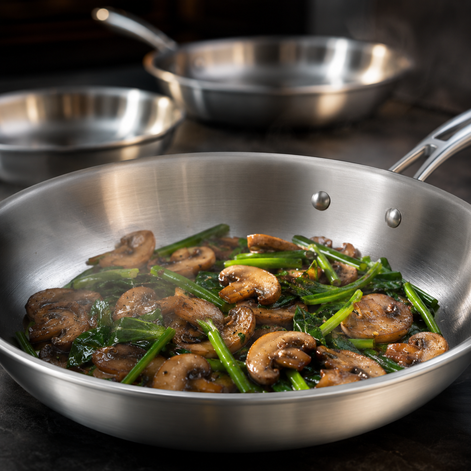 Funghi saltati e verdure verdi che cuociono in una padella in acciaio inossidabile, con altre due padelle sfocate sullo sfondo.
