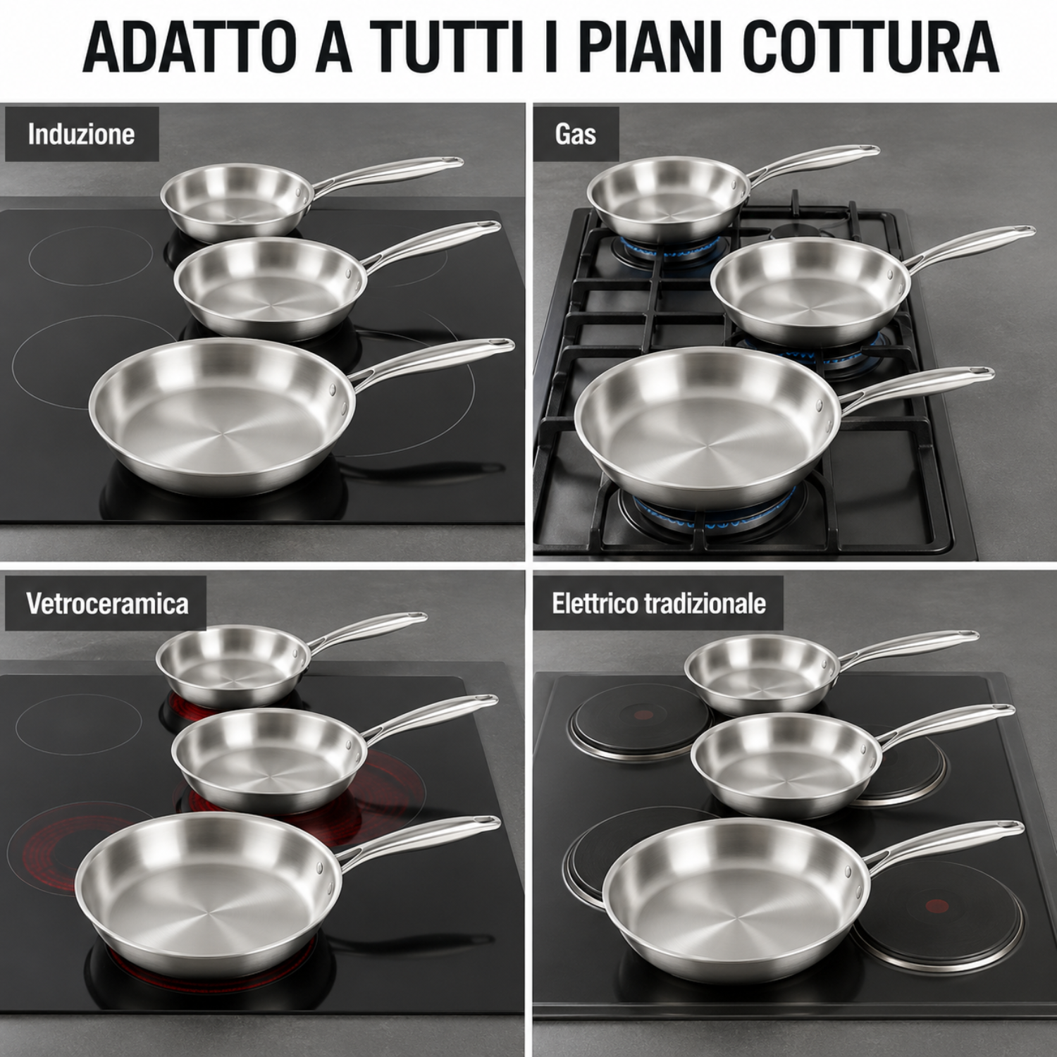 Quattro padelle in acciaio inossidabile di varie misure su piani cottura a induzione, gas, vetroceramica ed elettrici.