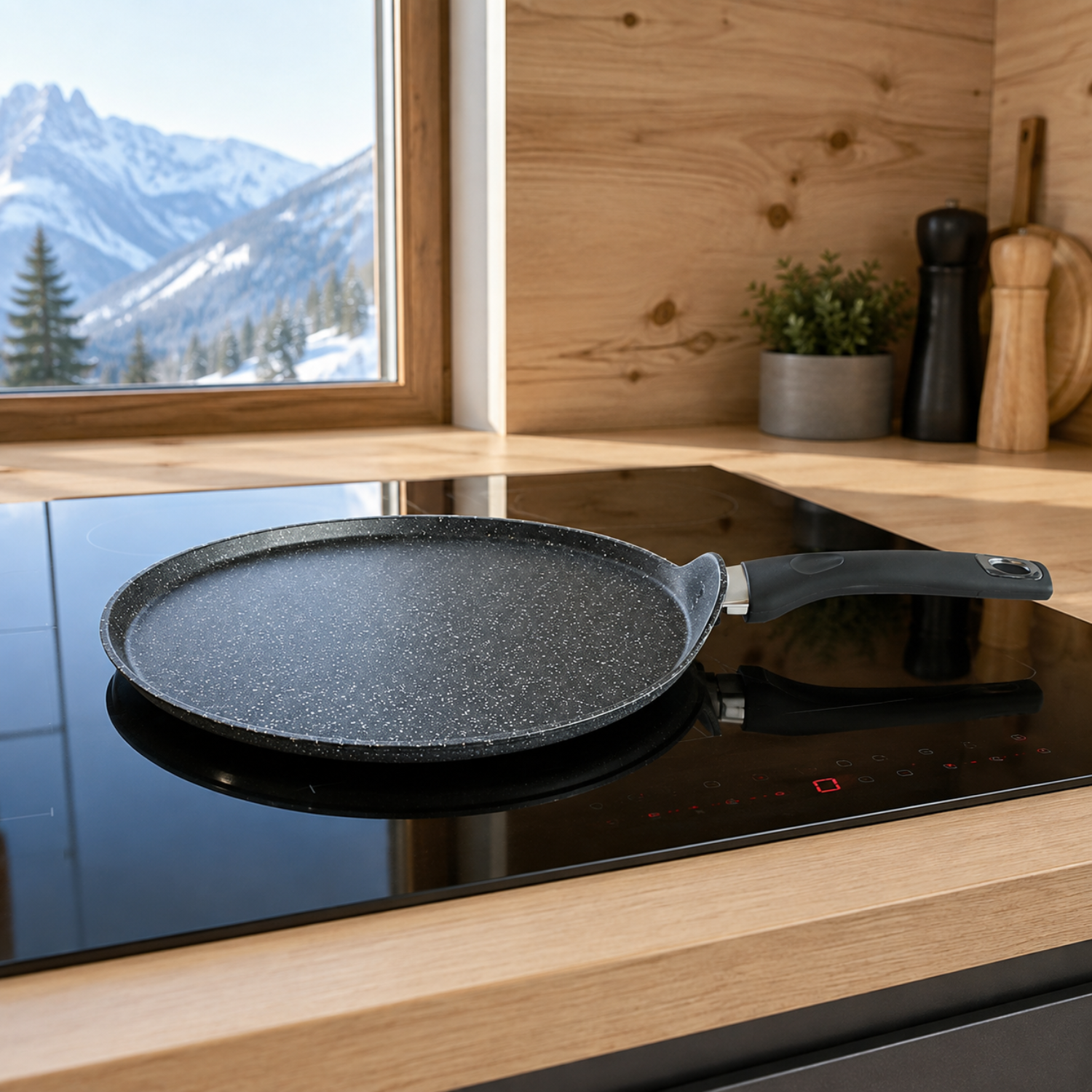 Una padella scura su un piano cottura in vetroceramica in una cucina moderna con vista sulle montagne.