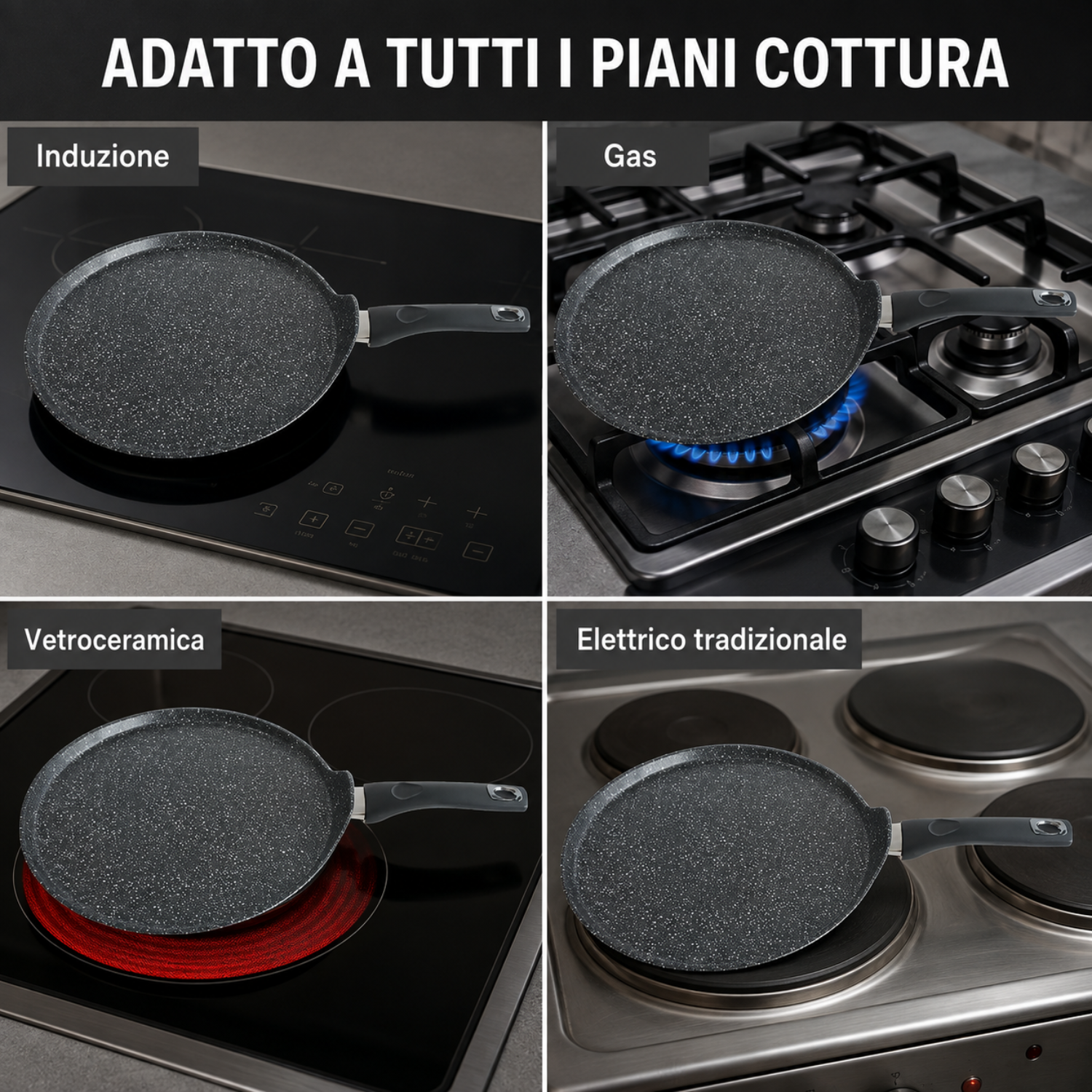 Una padella grigia maculata su piani cottura a induzione, gas, vetroceramica ed elettrico.