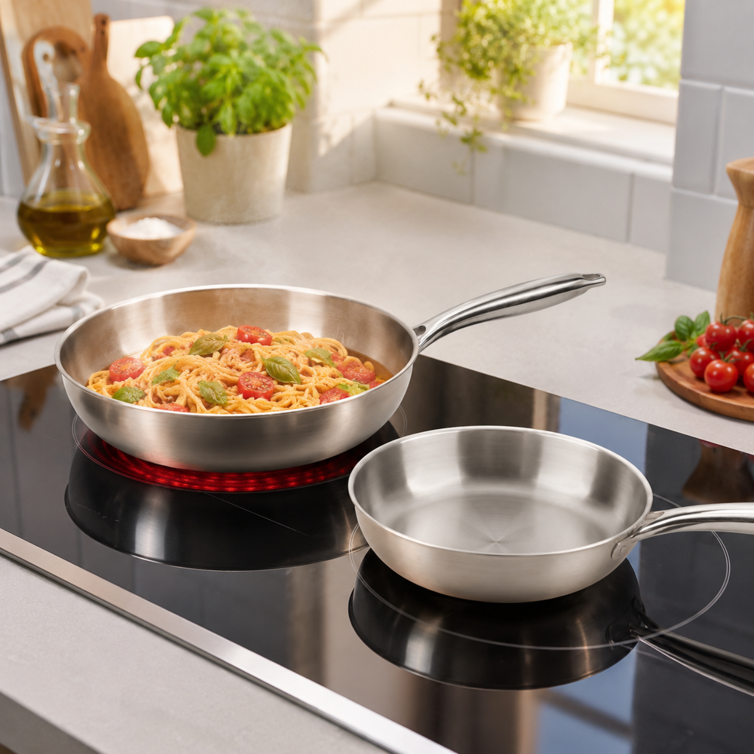 Una padella in acciaio inossidabile con pasta e pomodori si trova su un piano cottura in ceramica riscaldato.