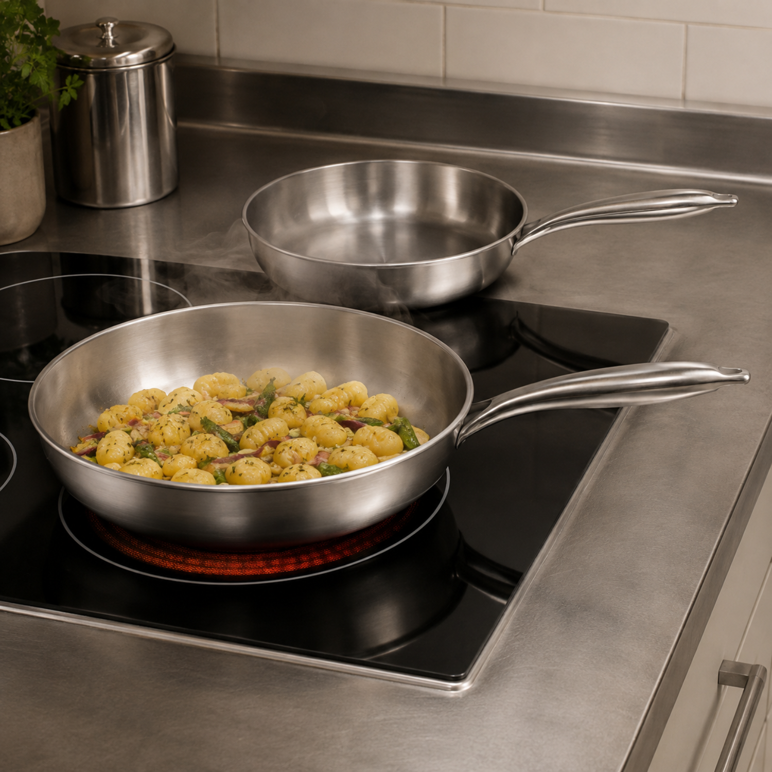 Due padelle in acciaio inossidabile su un piano cottura, una con gnocchi.
