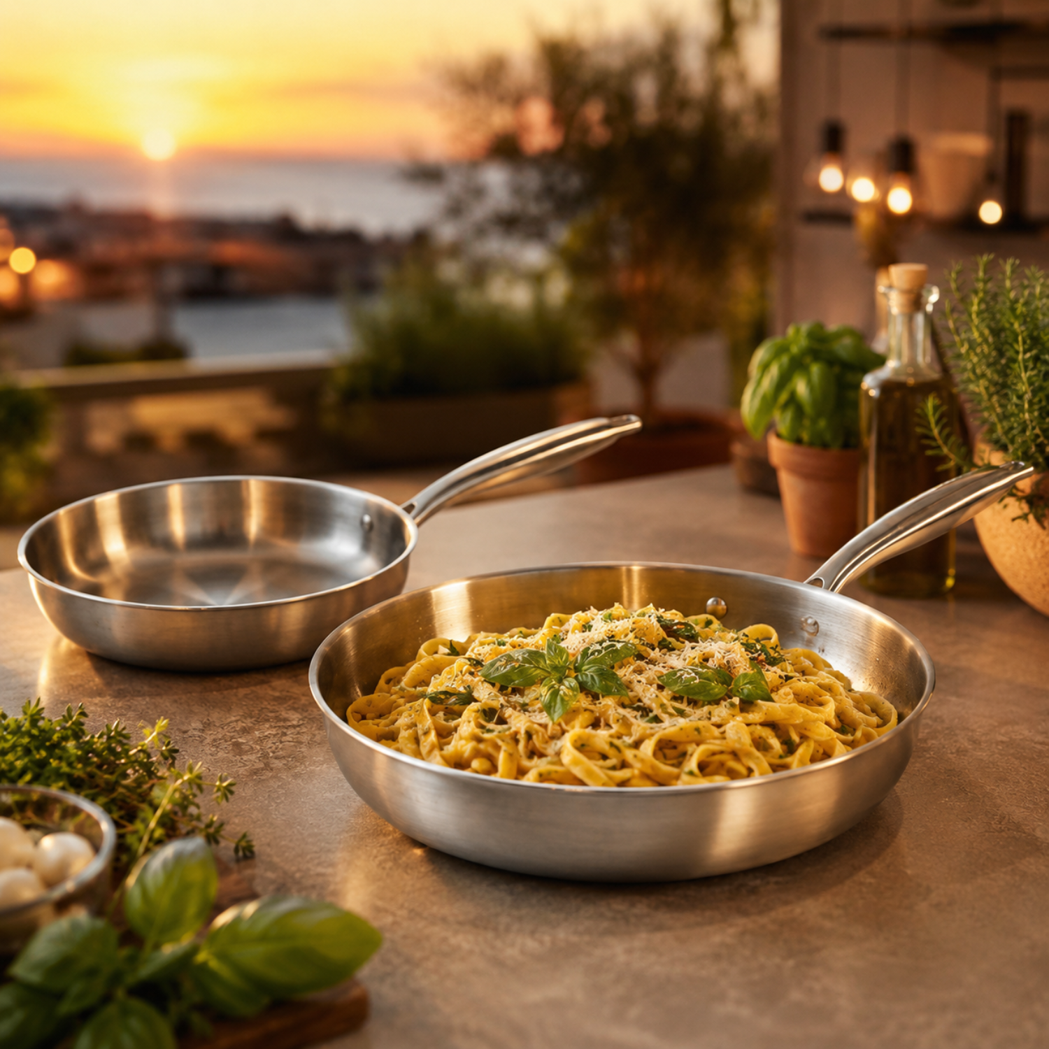 Padelle in acciaio inox con pasta cremosa alle erbe su un piano cucina davanti a una costa al tramonto.