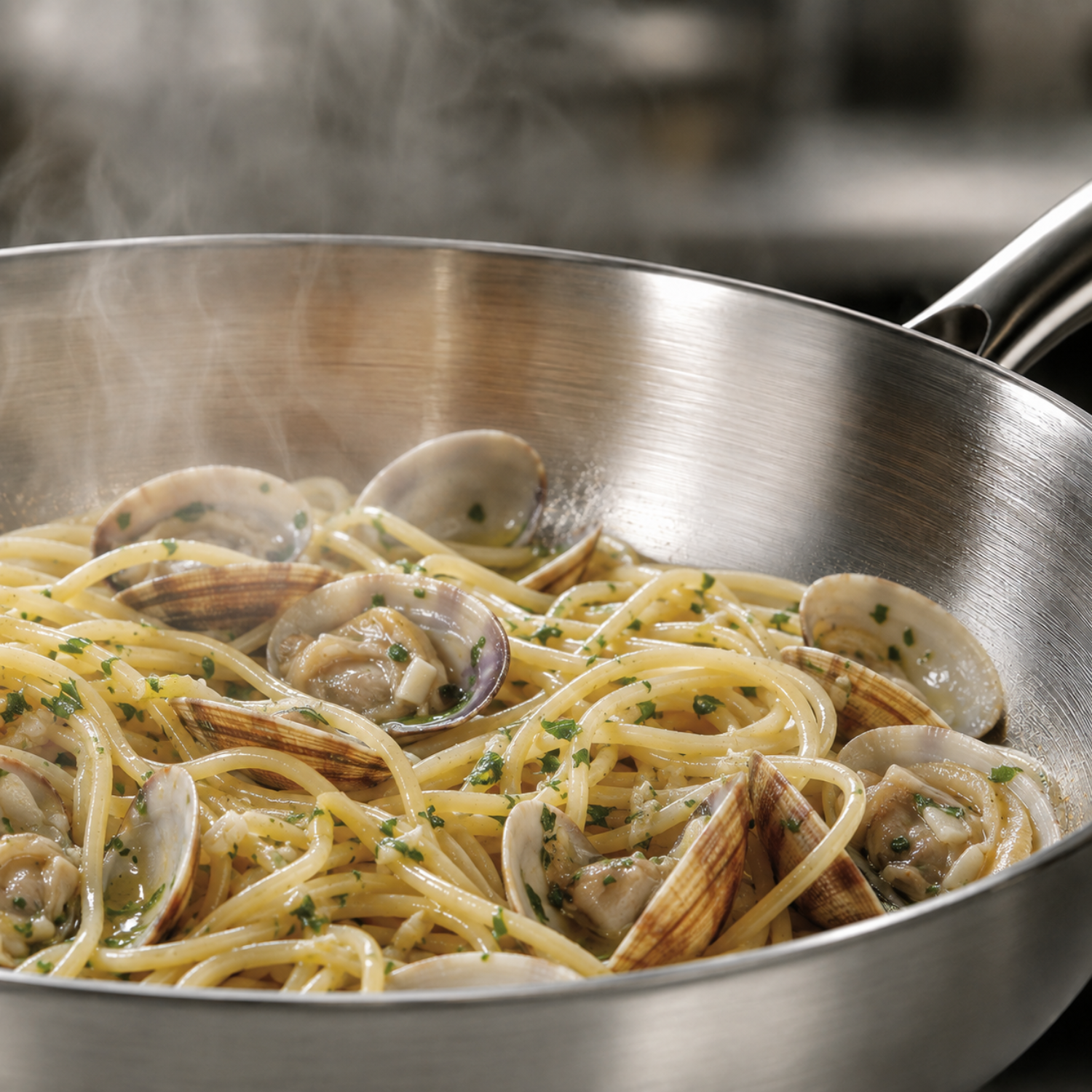 Spaghetti caldi fumanti con vongole e prezzemolo in una padella di acciaio inossidabile.