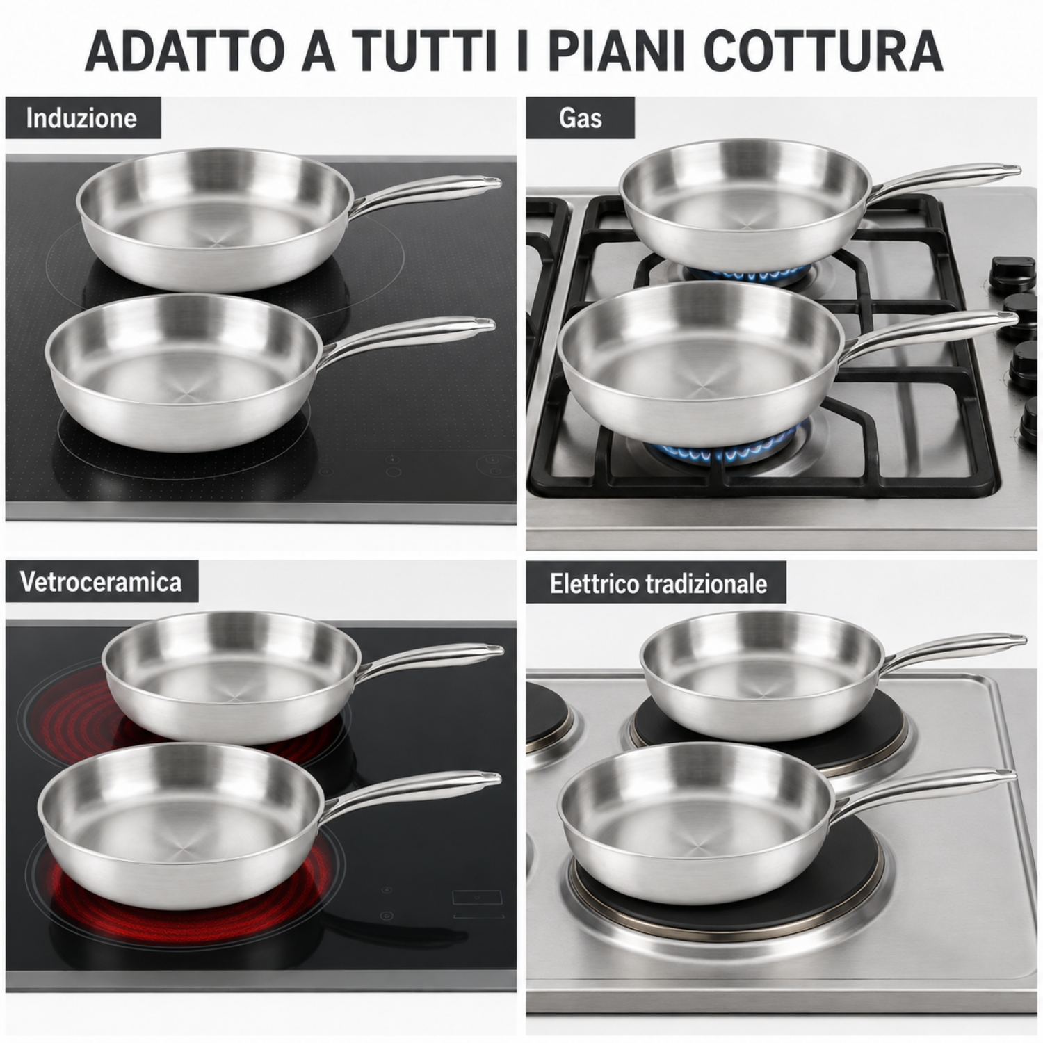 Padelle in acciaio inox su piani cottura a induzione, gas, vetroceramica ed elettrici.