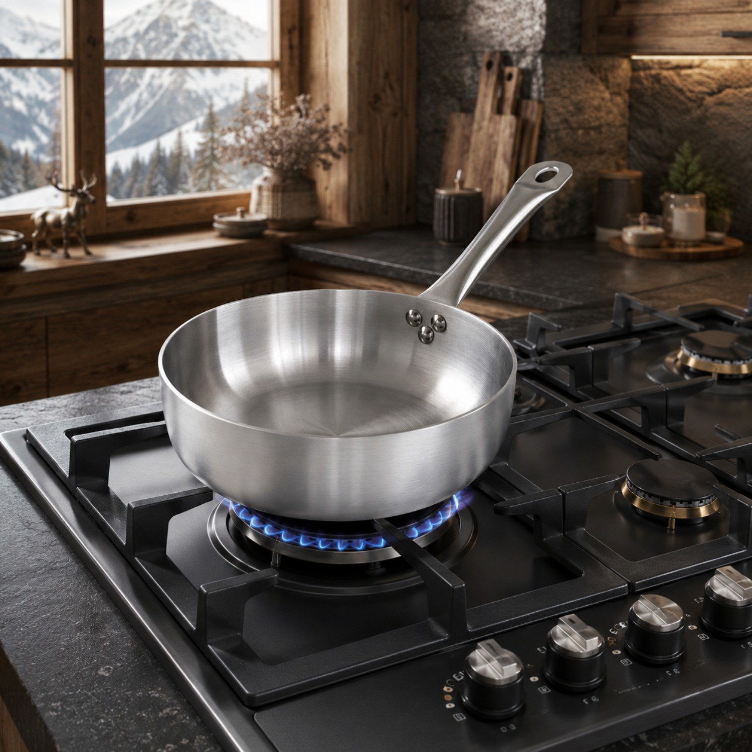 Una padella in acciaio inossidabile su un fuoco a gas blu in cucina con montagne innevate.
