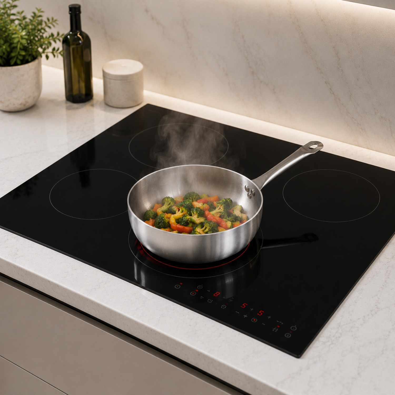 Una padella in acciaio inossidabile con verdure fumanti si trova su un moderno piano cottura a induzione nero in cucina.