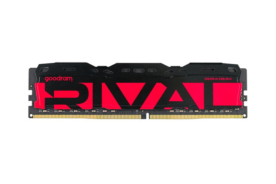 Czarno-czerwona kość pamięci RAM DDR4 DIMM Goodram Rival z radiatorem na białym tle.