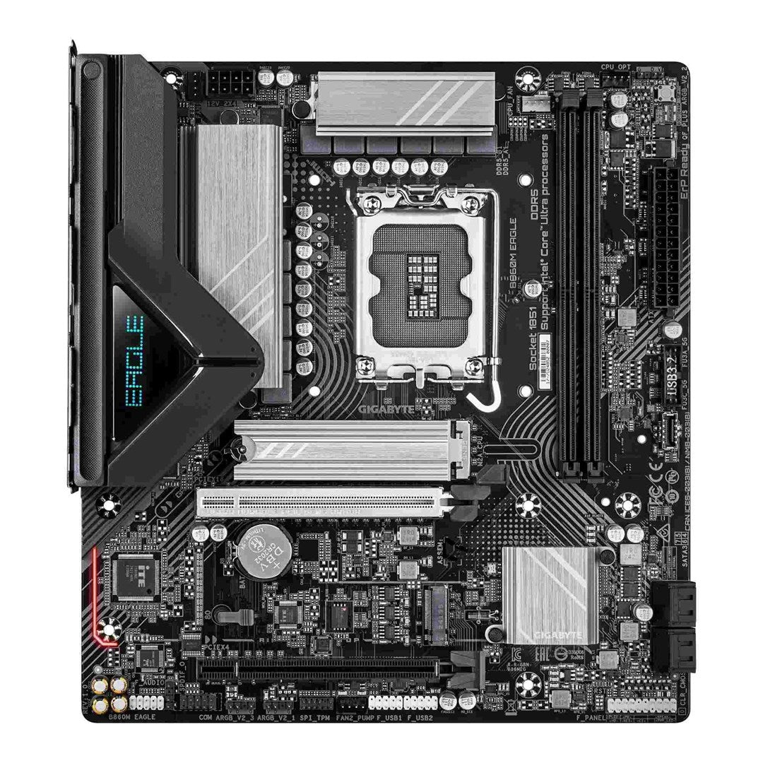Czarna płyta główna Gigabyte z gniazdem procesora, radiatorami i różnymi portami.