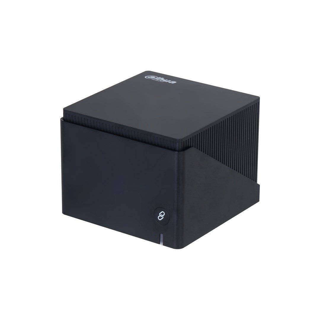 Un dispositivo electrónico negro en forma de cubo con el logo de Dahua arriba, sobre un fondo blanco.