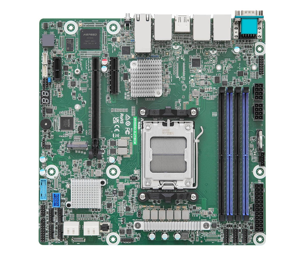 Una placa base de computadora verde con un zócalo de CPU central, ranuras de RAM y varios circuitos y puertos integrados.