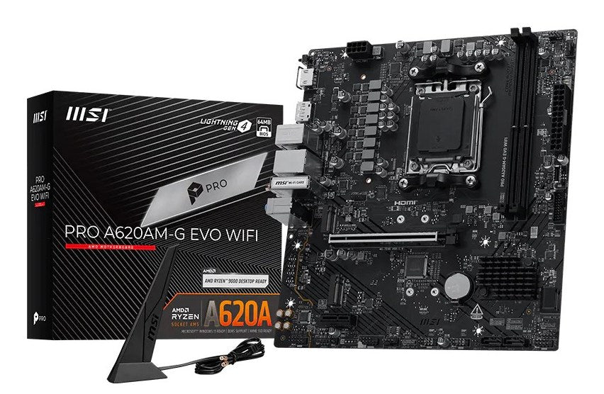 Siyah urun kutusu ve anteniyle birlikte gosterilen MSI PRO A620AM-G EVO WIFI anakart.