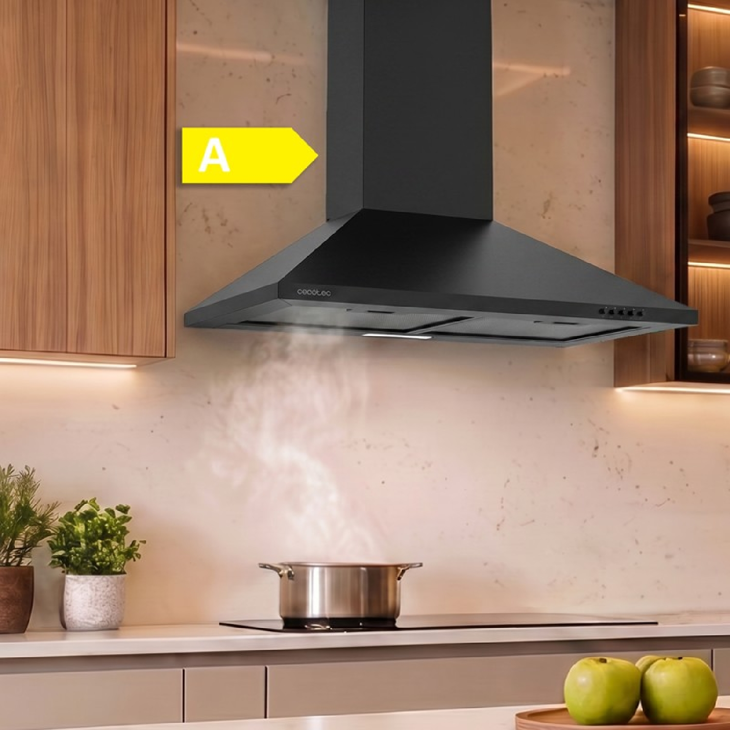 Campana extractora negra sobre placa con olla humeante, flanqueada por muebles de cocina de madera.