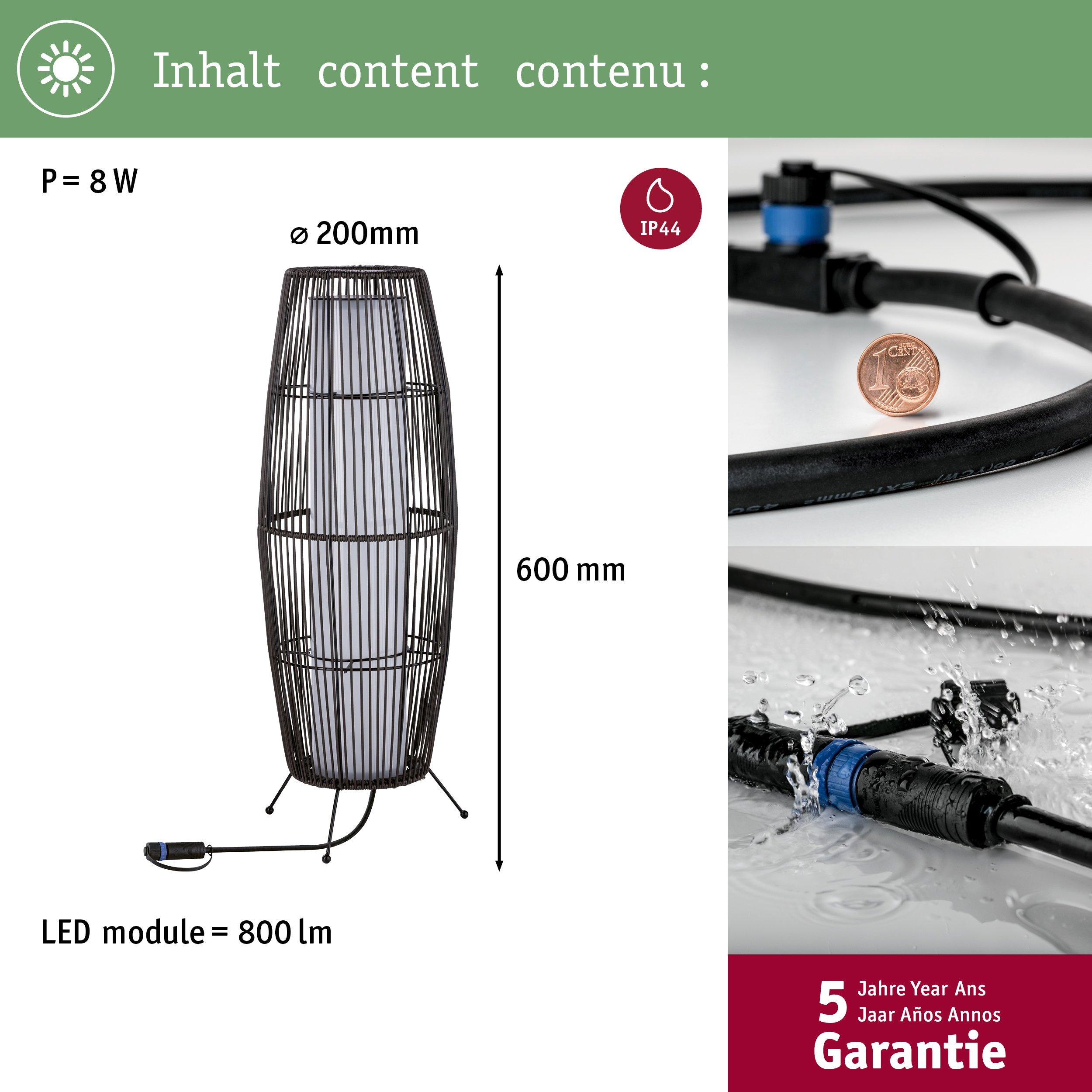 Technische Details einer schwarzen Stehlampe mit Maßen, IP44-Wasserschutz und 5 Jahren Garantie.