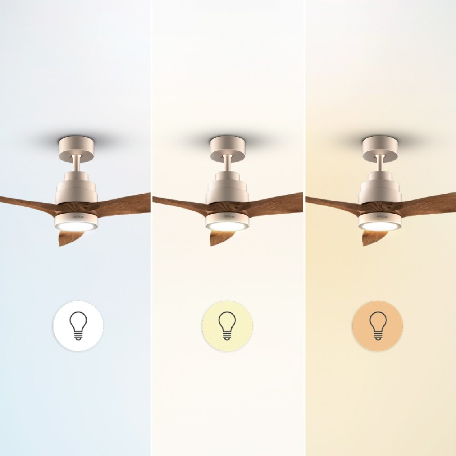Tre ventilatori da soffitto con pale in legno mostrano diverse temperature di colore della luce integrata.