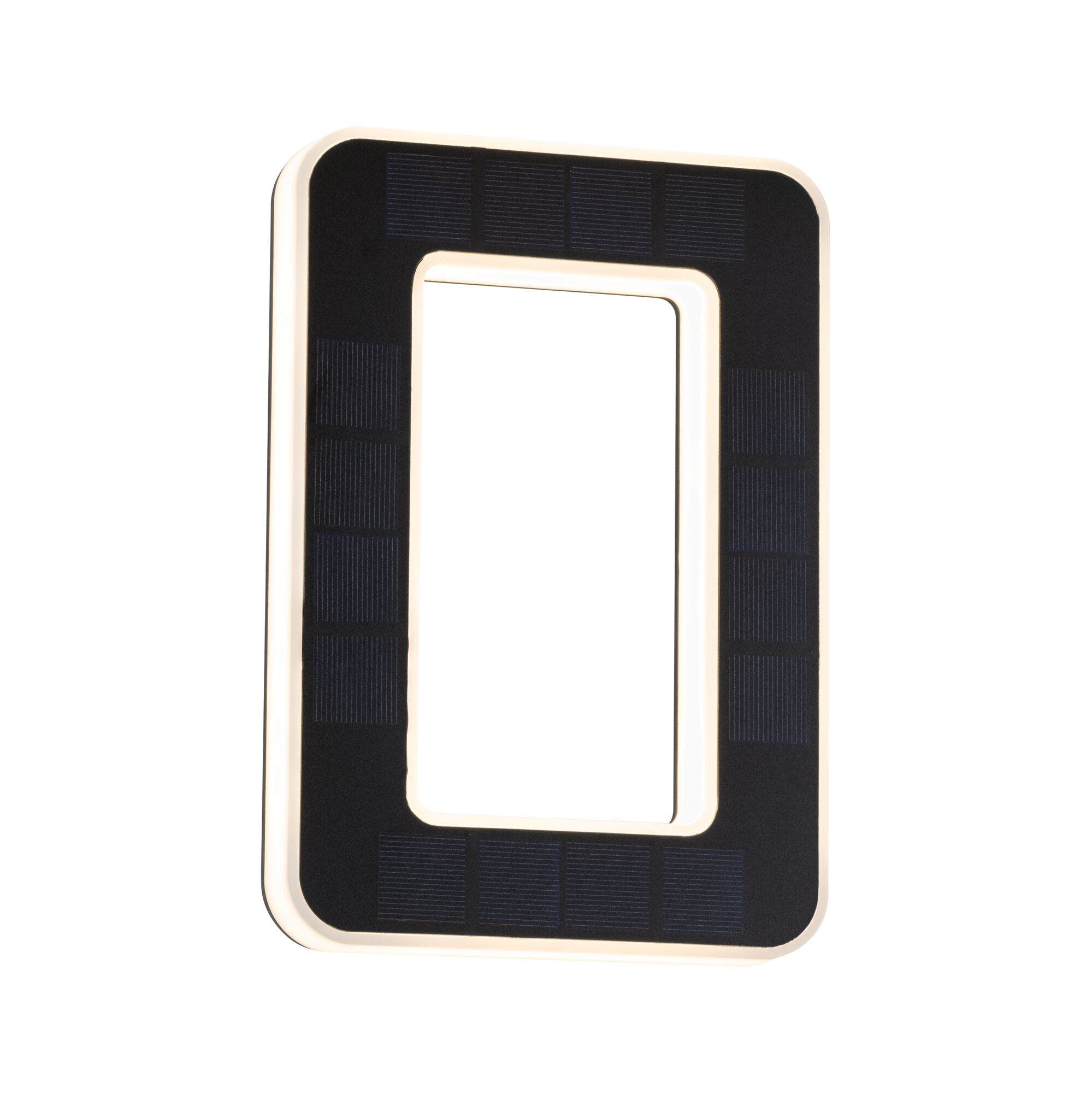 Moderne schwarze Solar-Wandleuchte in rechteckiger Rahmenform mit heller Umrandung.