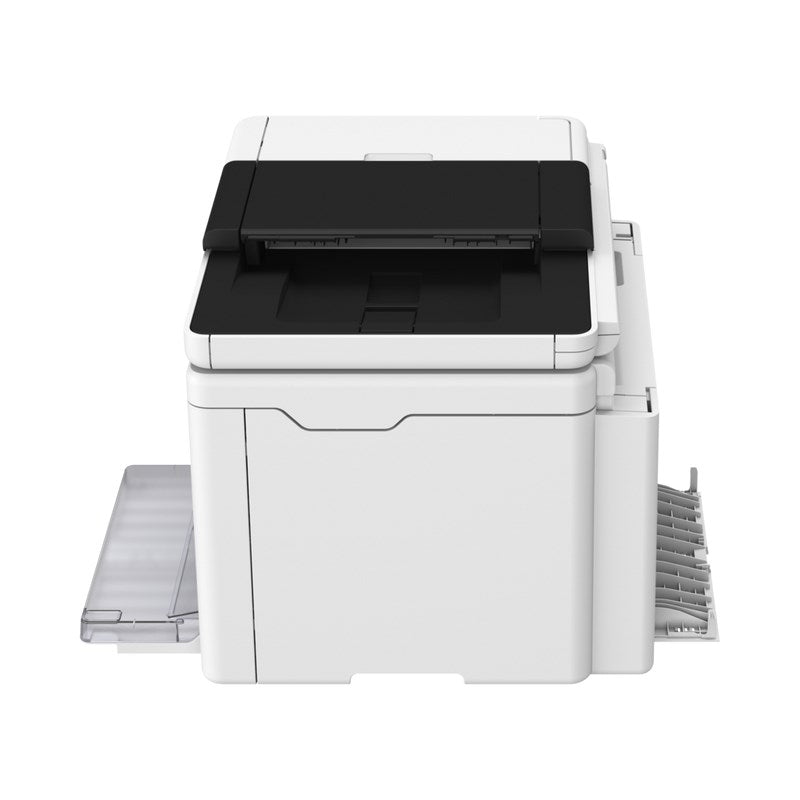 Une imprimante multifonction blanche avec chargeur de documents noir sur fond blanc.