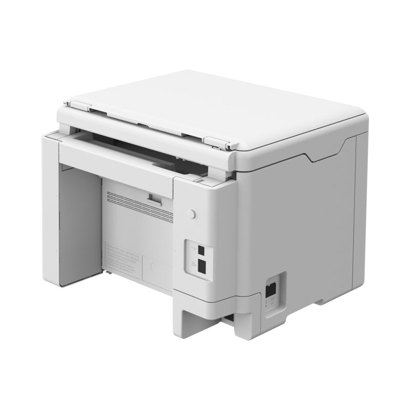 Une imprimante multifonction blanche sur fond blanc.