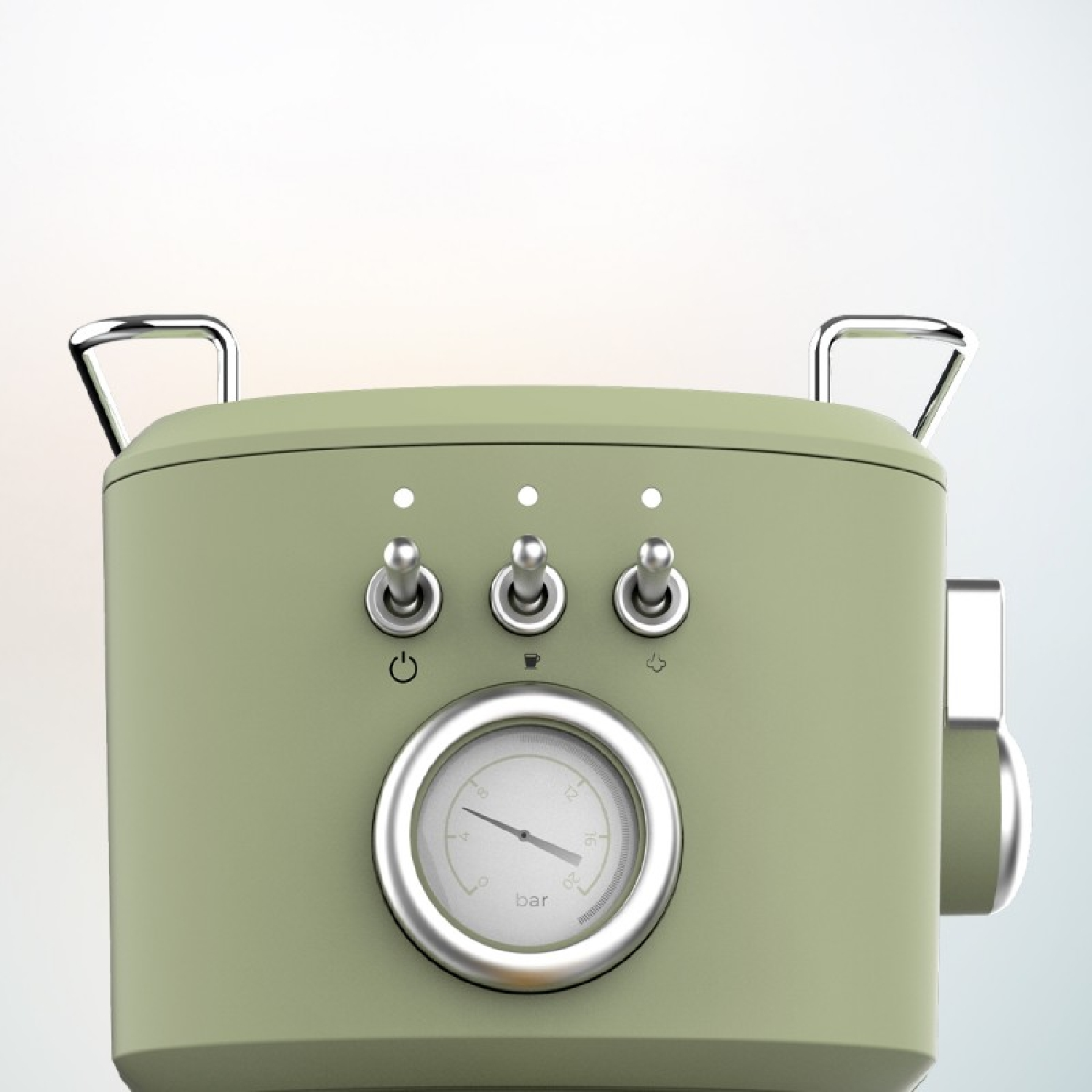 Primer plano de una cafetera espresso verde estilo vintage con tres interruptores de palanca y un manómetro.