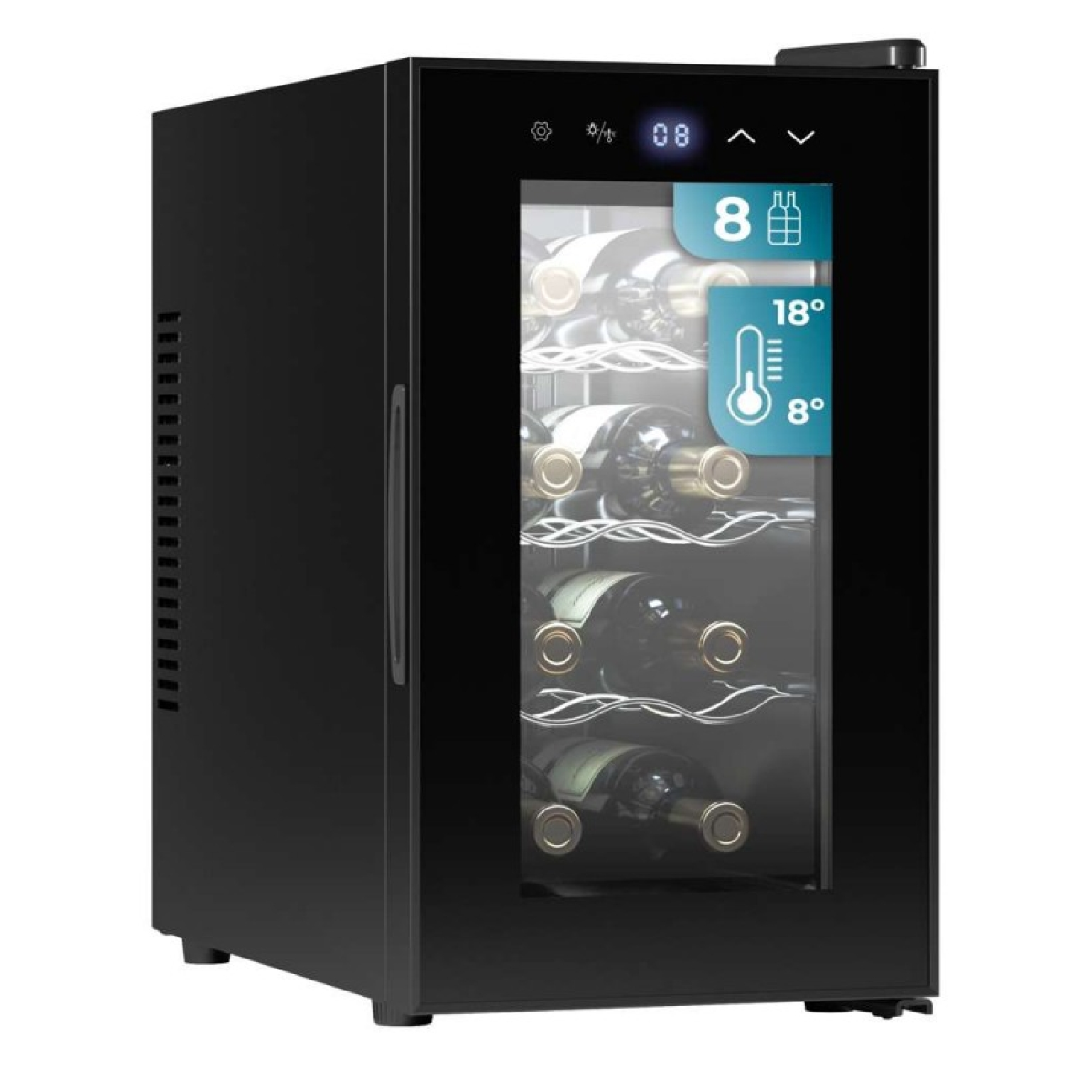 Cantinetta per vini nera con porta in vetro, con display digitale per temperatura e capacità.
