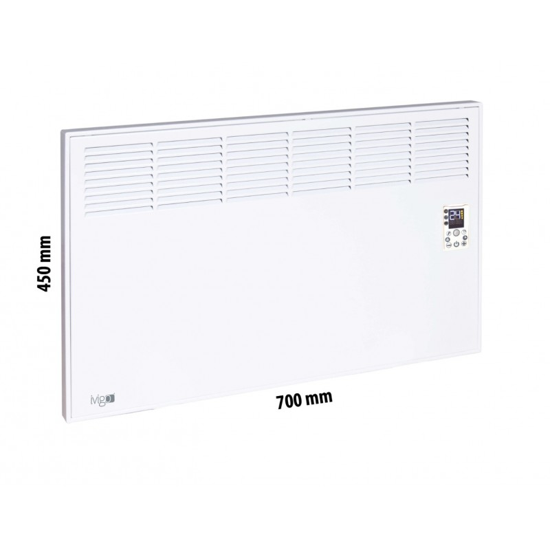 Beyaz arkaplanda dijital ekranlı, 700x450 mm boyutlarında beyaz bir duvar ısıtıcısı.