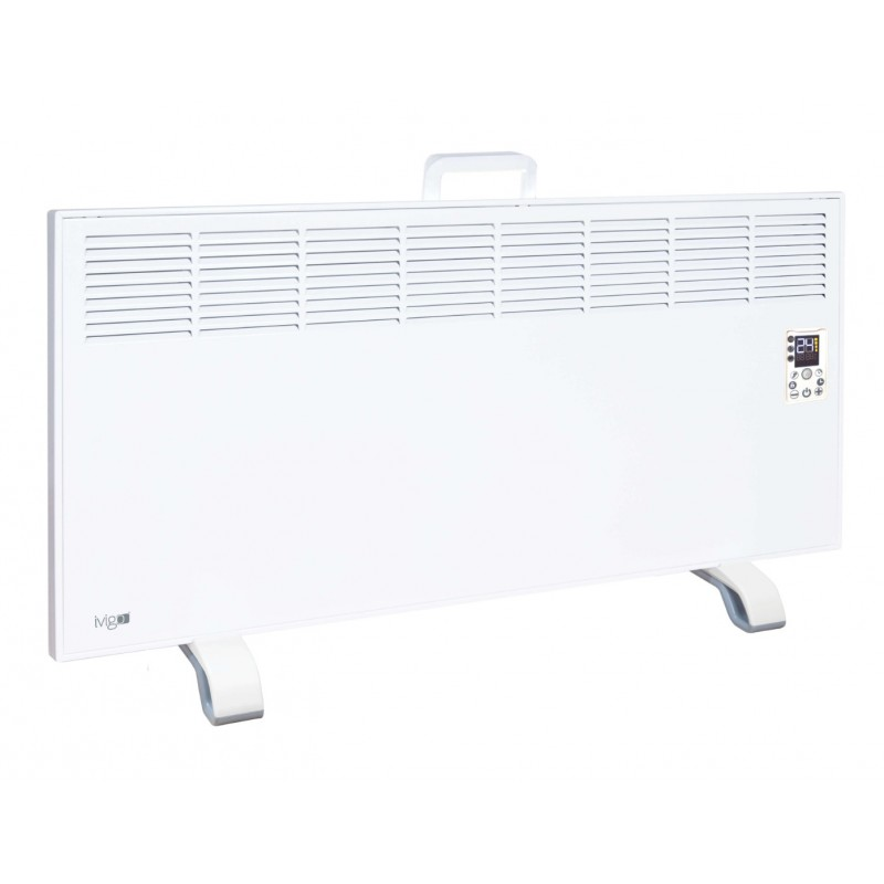Dijital ekranlı, üst tutma yerli ve ayaklı beyaz panel ısıtıcı düz arka planda.