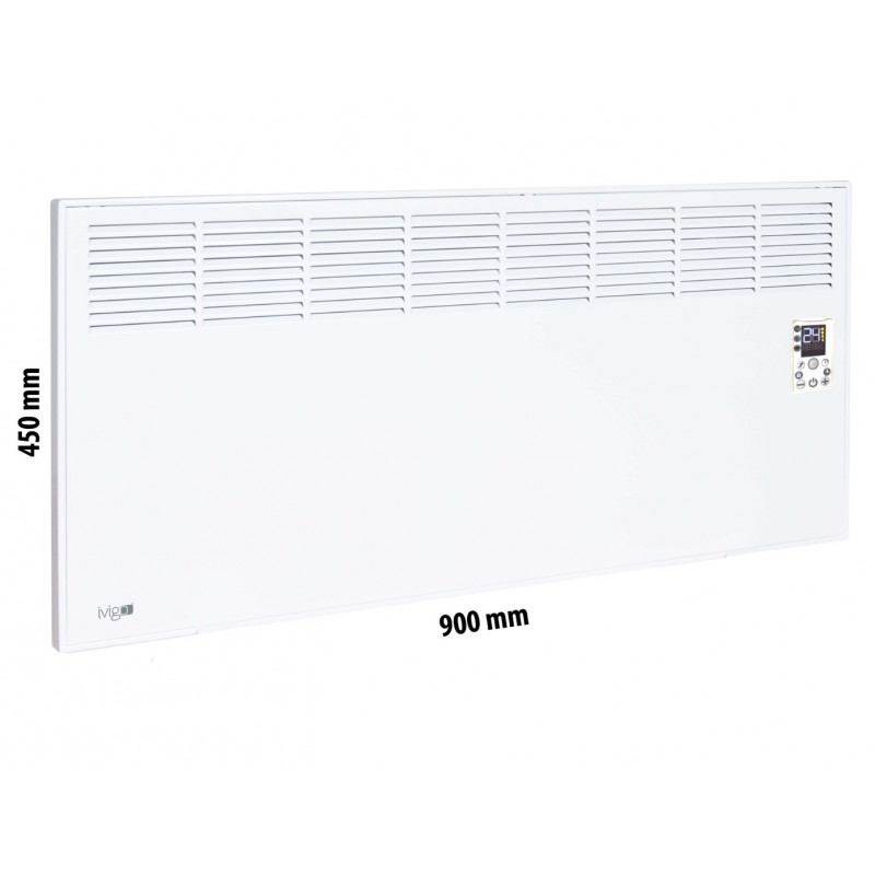 900x450 mm boyutlarında, üst ızgaralı ve sağda dijital kontrol panelli beyaz bir panel ısıtıcı.