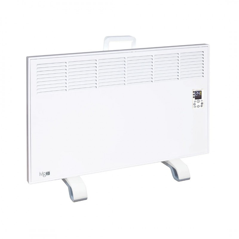Beyaz arkaplanda dijital ekranlı, iki ayaklı ve taşıma saplı beyaz elektrikli panel ısıtıcı.