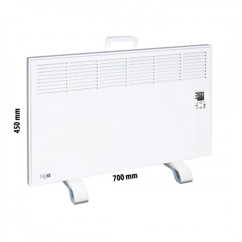 Dijital kontrol paneli, ayakları, kulbu ve 700 mm genişlik ile 450 mm yüksekliği gösteren ölçü çizgilerine sahip beyaz panel ısıtıcı.