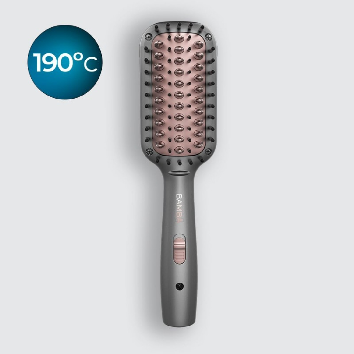 Una spazzola lisciante grigia con setole oro rosa e un badge blu che indica 190°C.