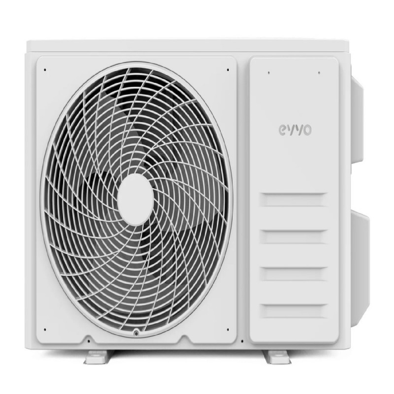Unidad exterior de aire acondicionado blanca con ventilador.