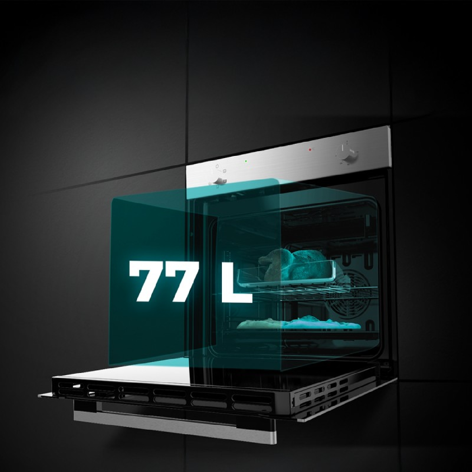 Moderno horno negro con puerta abierta, símbolo de 77 L iluminado y comida dentro.
