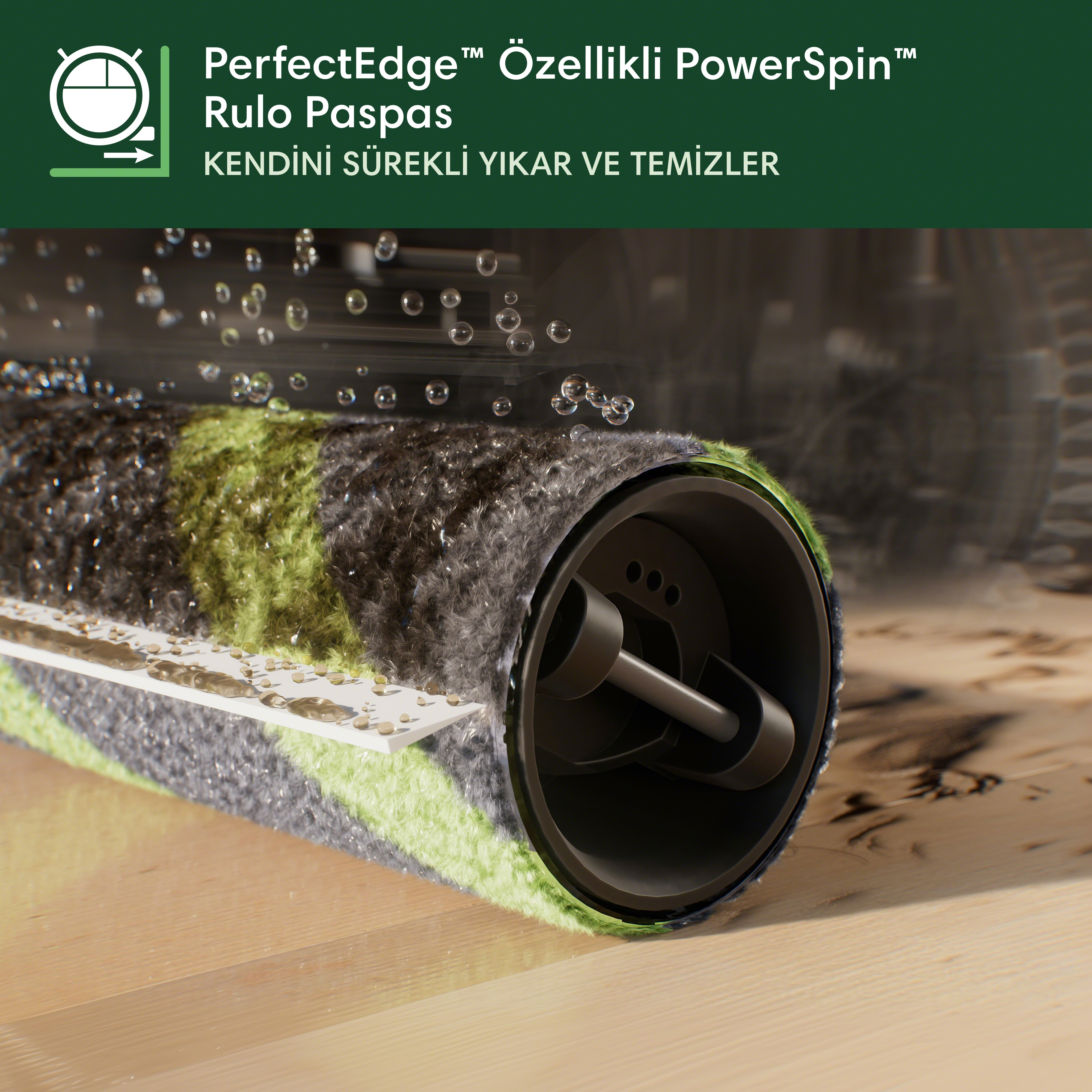 Rullo mop PowerSpin con strisce verdi e grigie si lava e pulisce da solo.