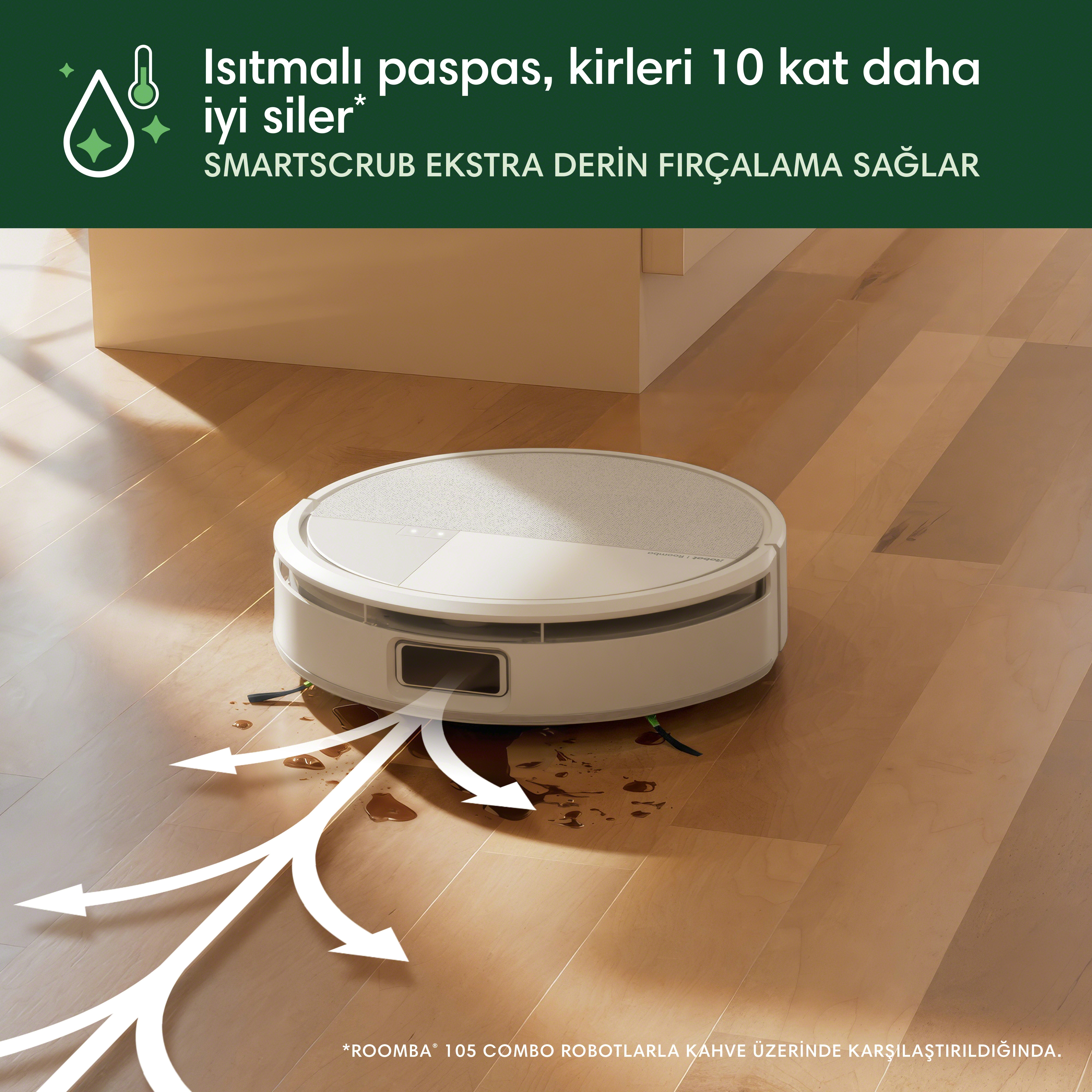 Un robot aspirapolvere bianco pulisce una macchia su pavimento in legno, con testo turco e frecce.