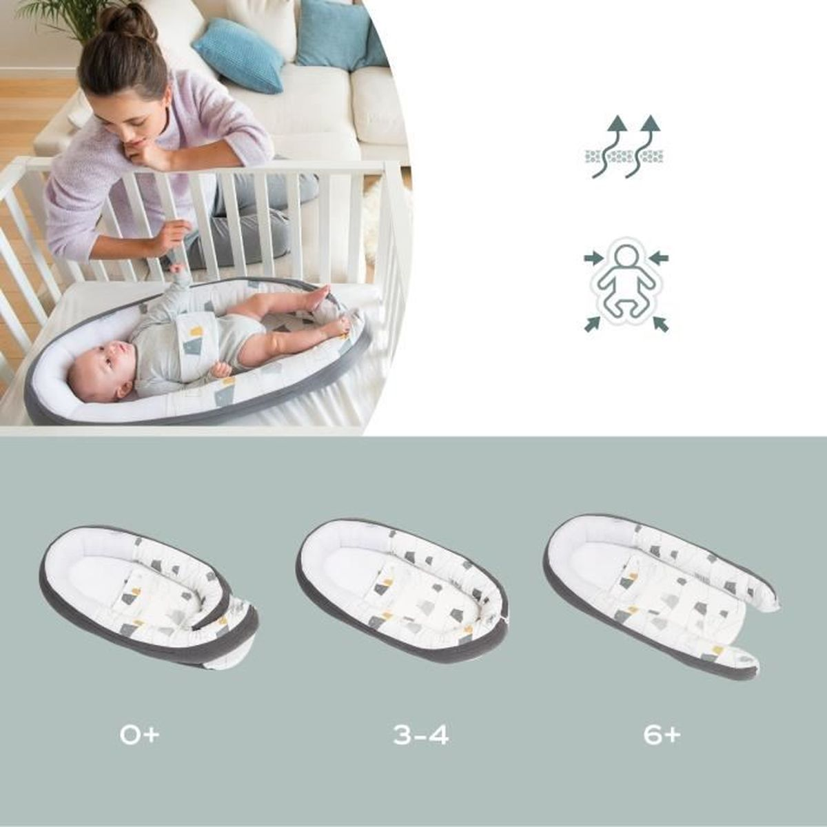 Eine Frau blickt auf ein Baby in einem Nest, mit Symbolen und drei Wachstumsstufen darunter.