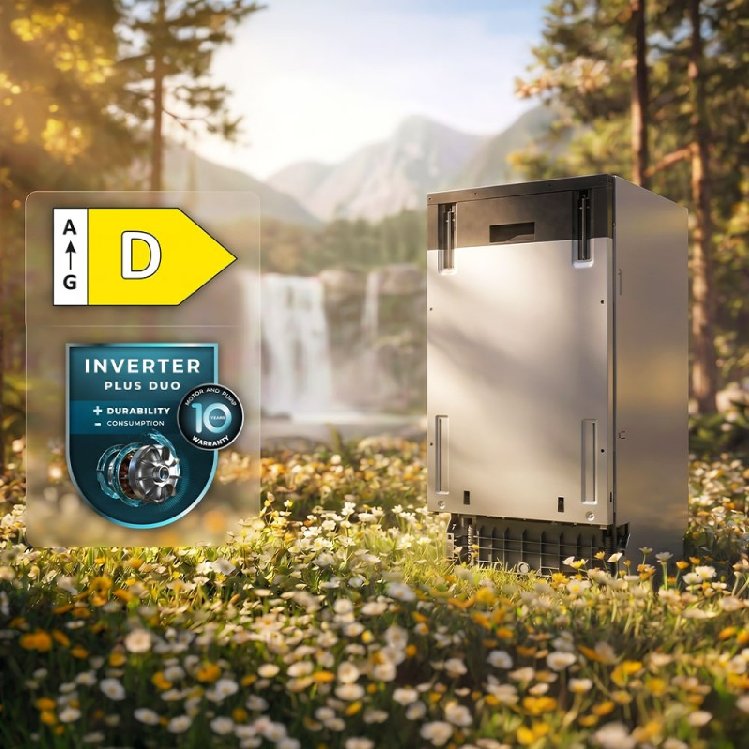 Una lavastoviglie in un campo fiorito con etichetta energetica D e stemma motore inverter.