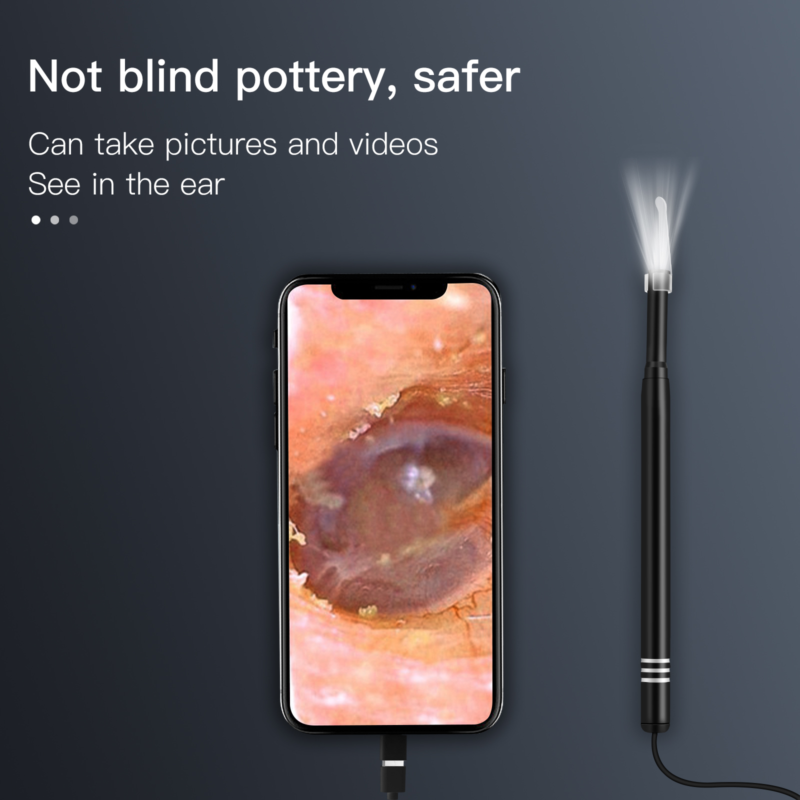 Smartphone mit Ohrinnenansicht und ein Otoskop mit Licht auf grauem Hintergrund.