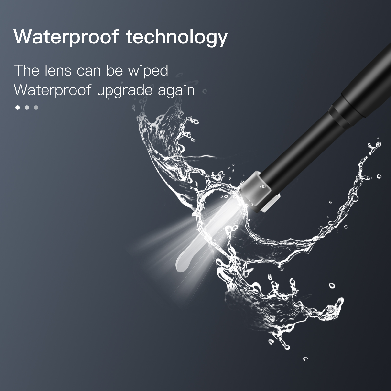 Wasserdichte Technologie mit einer beleuchteten Linse und spritzendem Wasser auf dunklem Hintergrund.