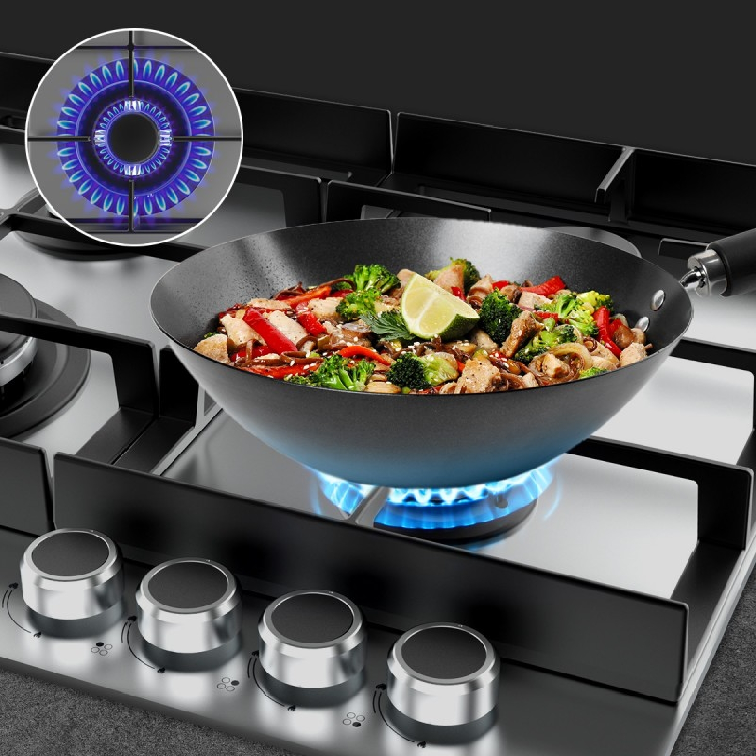 Sartén wok con verduras y pollo en una encimera de gas encendida con cuatro mandos plateados.