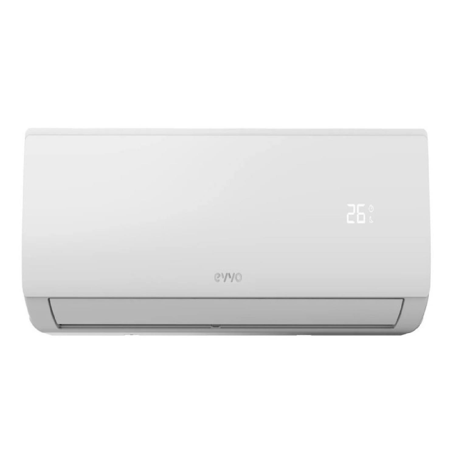 Un aire acondicionado EVVO blanco que muestra una temperatura digital de 26 grados.