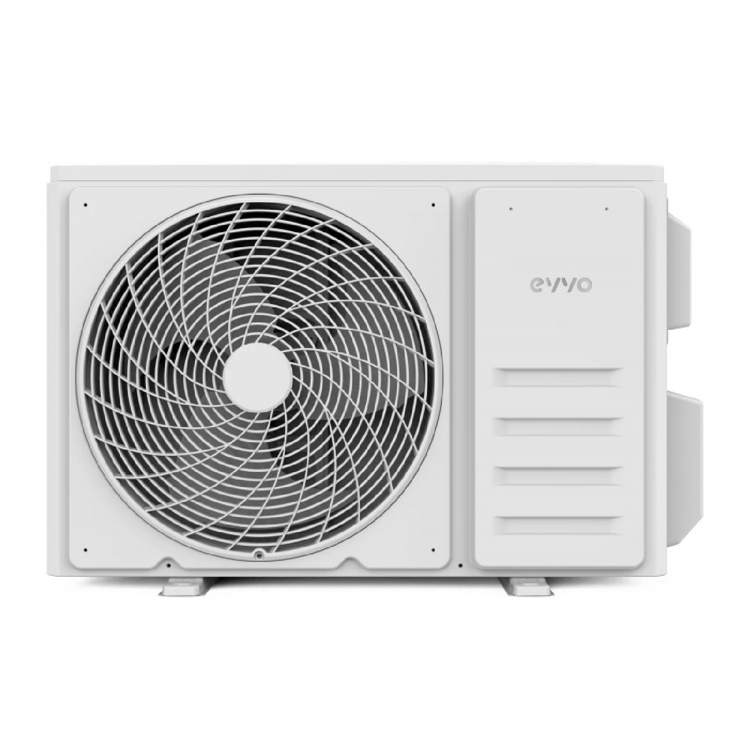 Una unidad exterior de aire acondicionado blanca con una gran rejilla de ventilador circular y la marca Evvo.